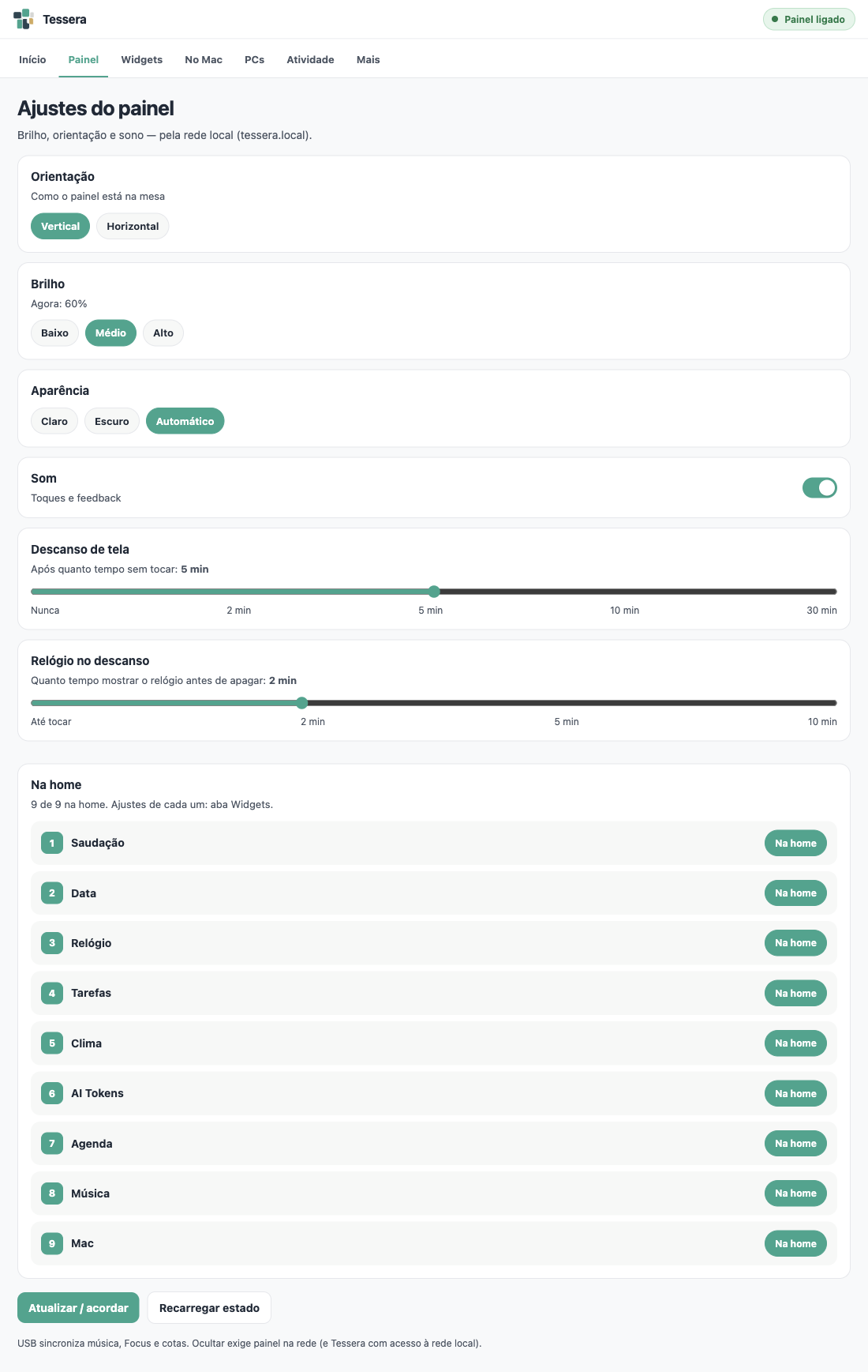 Ajustes do painel no Agent: orientação, brilho, aparência e widgets da home.