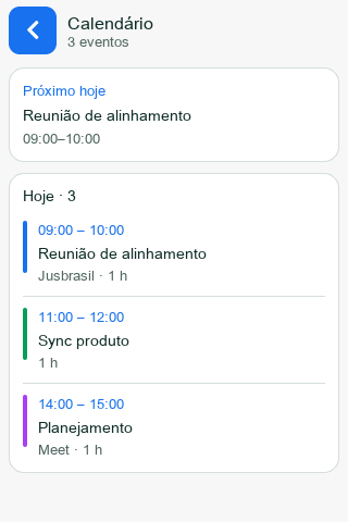 Agenda do dia com o próximo compromisso em destaque.