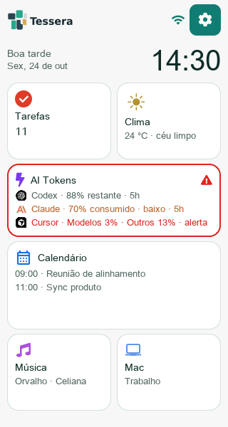 Home do painel: hora, tarefas, clima, tokens, agenda, música e o Mac.