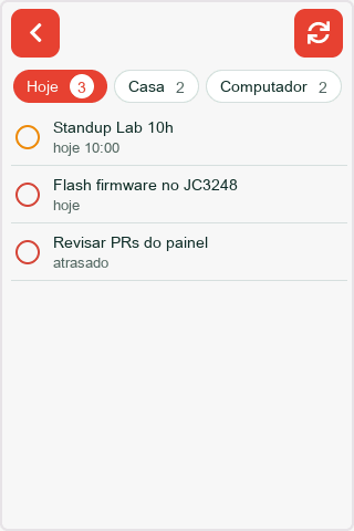 Lista de tarefas de hoje, separada por projeto.