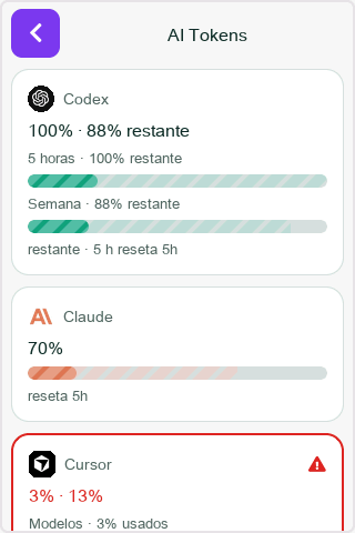 Detalhe de AI Tokens: cotas do Codex, Claude e Cursor.
